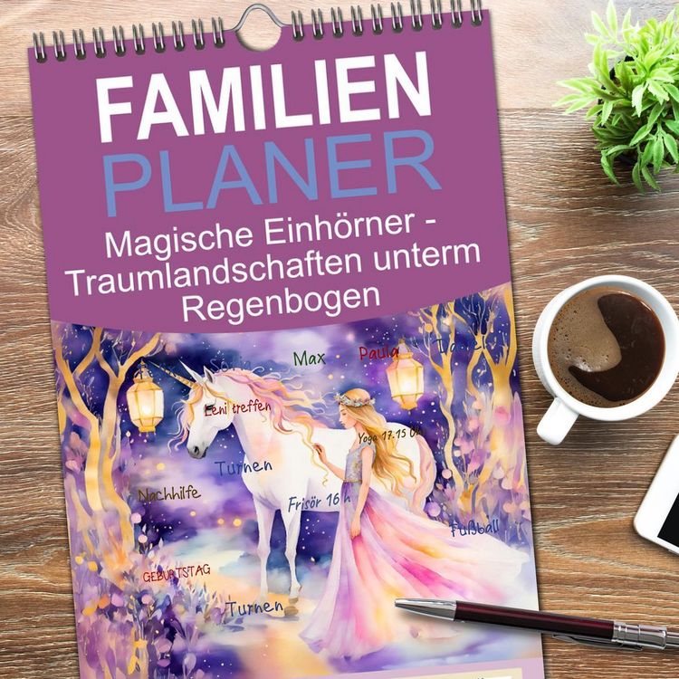 Produktbild: Familienplaner 2026 - Magische Einh&ouml;rner - Traumlandschaften unterm Regenbogen mit 5 Spalten (Wandkalender, 21 x 45 cm) CALVENDO