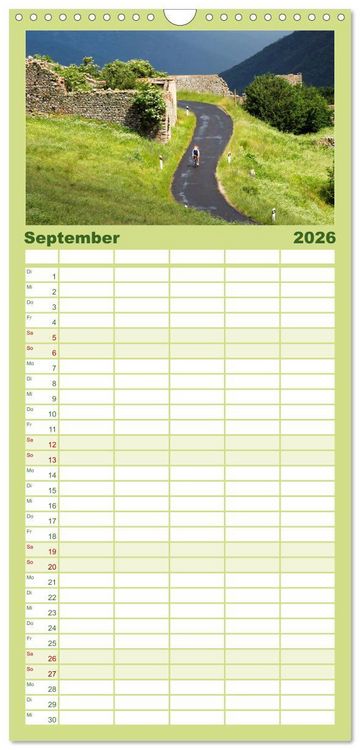 Produktbild: Familienplaner 2026 - Pyren&auml;enp&auml;sse mit dem Rennrad 2026 mit 5 Spalten (Wandkalender, 21 x 45 cm) CALVENDO