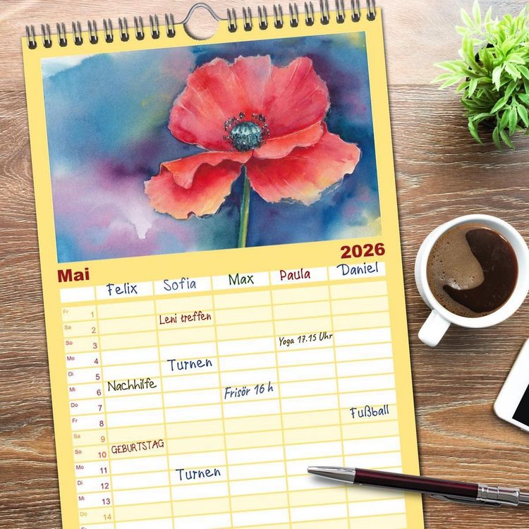 Produktbild: Familienplaner 2026 - Blumenaquarelle aus der N&auml;he mit 5 Spalten (Wandkalender, 21 x 45 cm) CALVENDO
