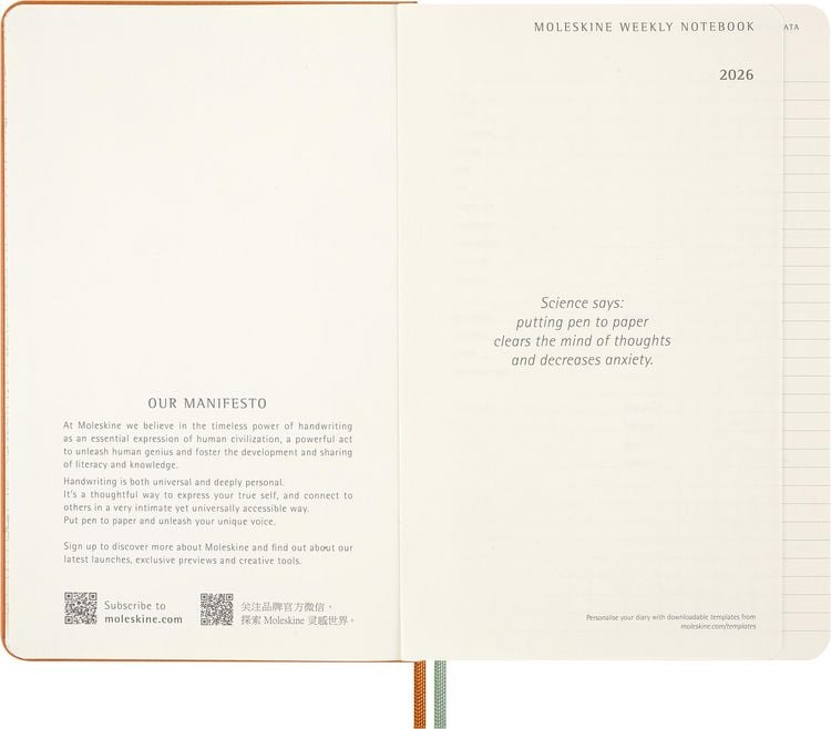 Produktbild: Moleskine 12 Monate Peanuts Snoopy Tomorrow Wochen Notizkalender 2026, L/A5, 1 Wo = 1 Seite, fester Einband, Kadmiumorange