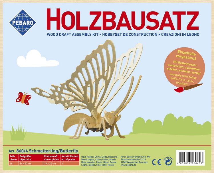 Produktbild: PEBARO 860/4 - Holzbausatz Schmetterling, 16 Teile, Holzkonstruktion zum Zusammenstecken