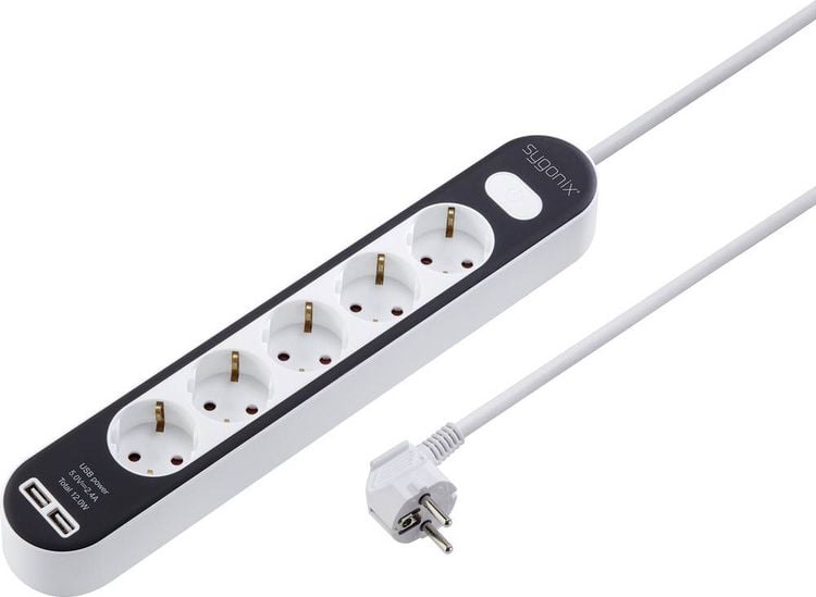 Produktbild: Sygonix SY-4538276 Steckdosenleiste mit Schalter 5fach Wei&szlig;, Schwarz Schutzkontakt 1St.