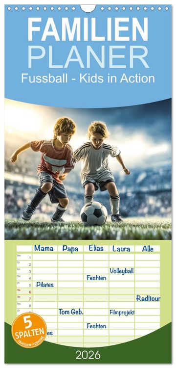 Produktbild: Familienplaner 2026 - Fussball - Kids in Action mit 5 Spalten (Wandkalender, 21 x 45 cm) CALVENDO