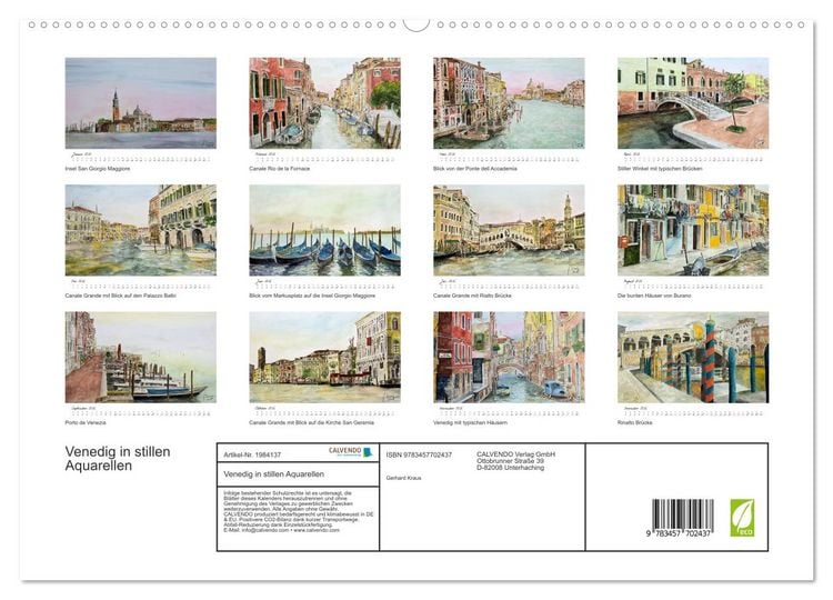Produktbild: Venedig in stillen Aquarellen (hochwertiger Premium Wandkalender 2026 DIN A2 quer), Kunstdruck in Hochglanz
