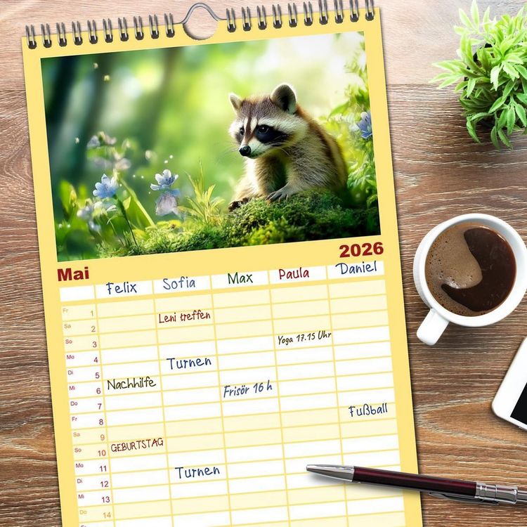 Produktbild: Familienplaner 2026 - Frech, flauschig, fantastisch - Der Waschb&auml;ren-Kalender mit 5 Spalten (Wandkalender, 21 x 45 cm) CALVENDO