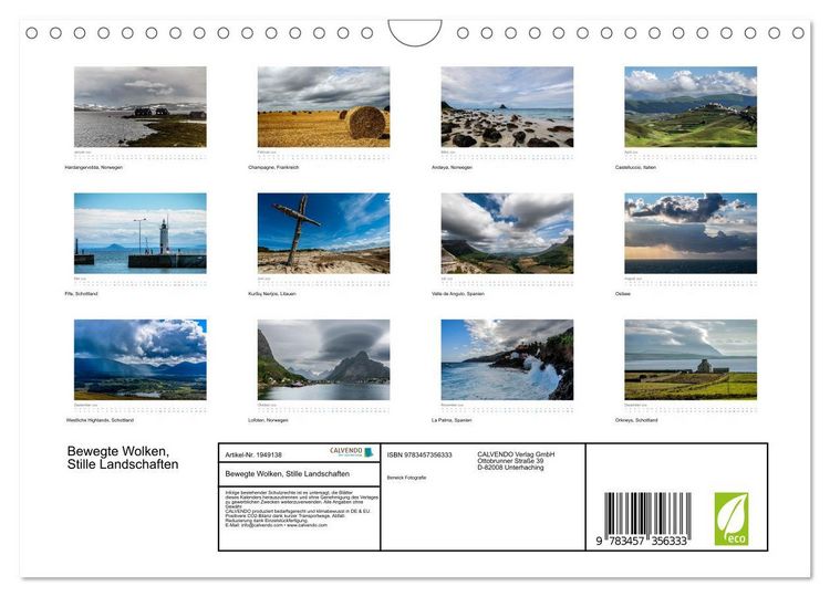 Produktbild: Bewegte Wolken, Stille Landschaften (Wandkalender 2026 DIN A4 quer), CALVENDO Monatskalender