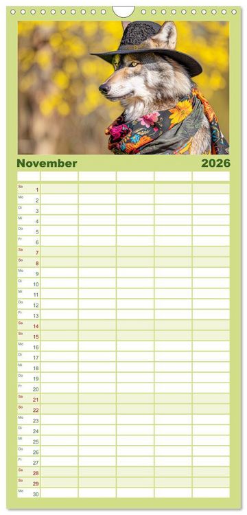 Produktbild: Familienplaner 2026 - Wilder Style. Modische W&ouml;lfe in der Natur mit 5 Spalten (Wandkalender, 21 x 45 cm) CALVENDO