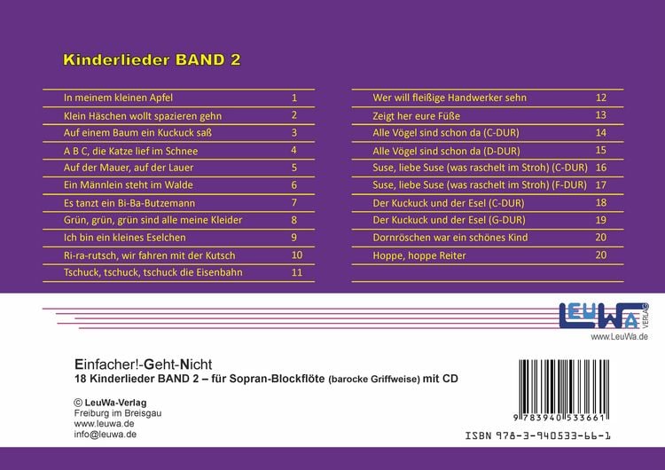 Produktbild: Einfacher!-Geht-Nicht: 18 Kinderlieder BAND 2 &ndash; f&uuml;r Sopran Blockfl&ouml;te (barocke Griffweise) mit CD