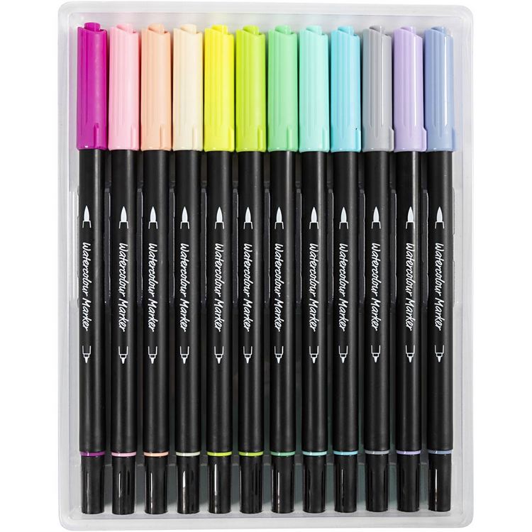 Produktbild: Creativ Company Aquarell-Markern, Pastellfarben, Strichst&auml;rke , 2+4-8 mm, sortierte Farben, 12 Stk