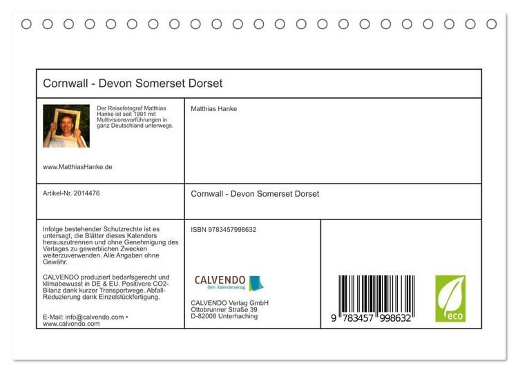 Produktbild: Cornwall - Devon Somerset Dorset (Tischkalender 2026 DIN A5 quer), CALVENDO Monatskalender
