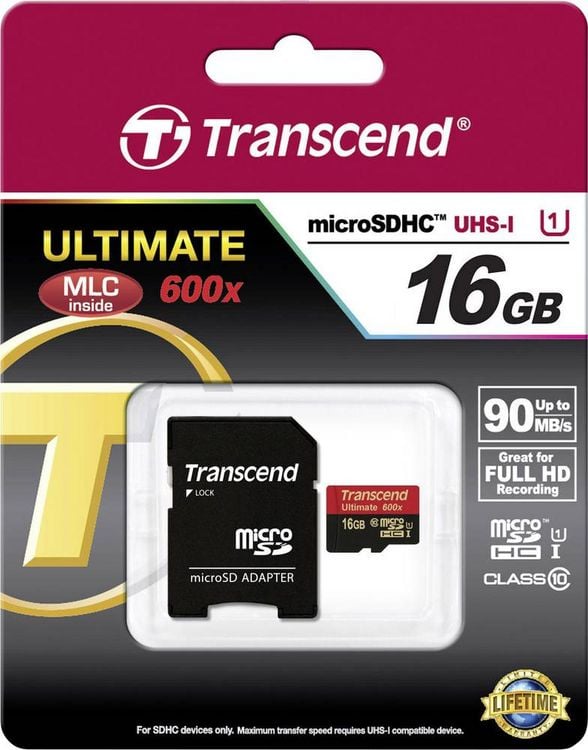 Produktbild: Transcend Ultimate (600x) microSDHC-Karte Retail 16 GB Class 10, UHS-I inkl. SD-Adapter