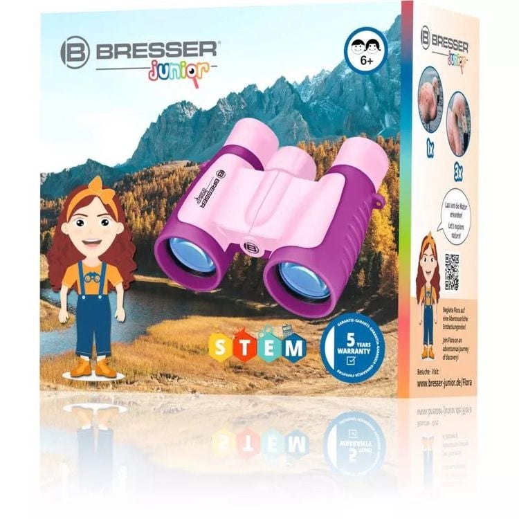 Produktbild: Bresser Junior 8880330 - Kinderfernglas 3x30, 3-fache Vergr&ouml;&szlig;erung, 30mm Objektiv, mit Tasche, Tragriemen und Reinigungstuch, pink, STEM