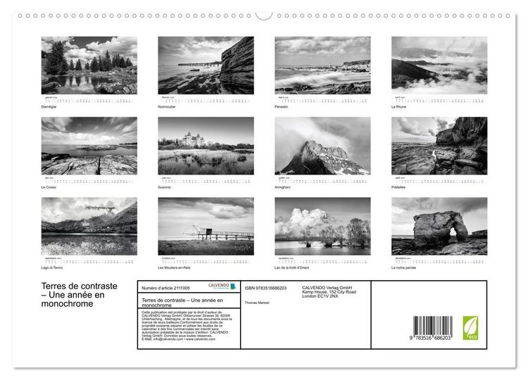 Produktbild: Terres de contraste &ndash; Une ann&eacute;e en monochrome (Calendrier mural 2026 DIN A2 vertical) calendrier de bureau