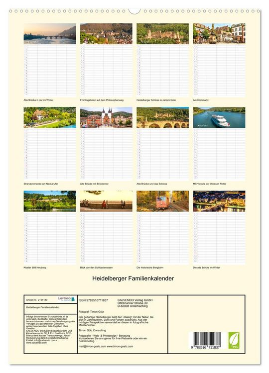 Produktbild: Heidelberger Familienkalender (hochwertiger Premium Wandkalender 2026 DIN A2 hoch), Kunstdruck in Hochglanz