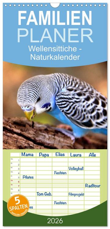 Produktbild: Familienplaner 2026 - Wellensittiche - Naturkalender mit 5 Spalten (Wandkalender, 21 x 45 cm) CALVENDO