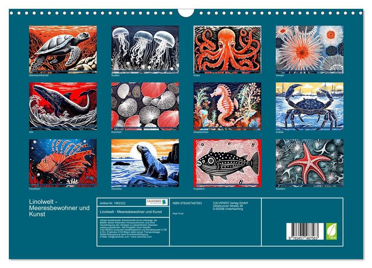 Produktbild: Linolwelt - Meeresbewohner und Kunst (Wandkalender 2026 DIN A3 quer), CALVENDO Monatskalender