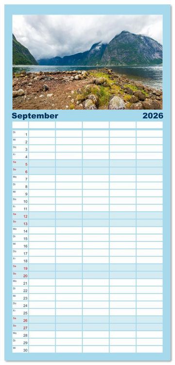 Produktbild: Familienplaner 2026 - Fjorde & Felsen &ndash; Norwegens wilde Seele mit 5 Spalten (Wandkalender, 21 x 45 cm) CALVENDO