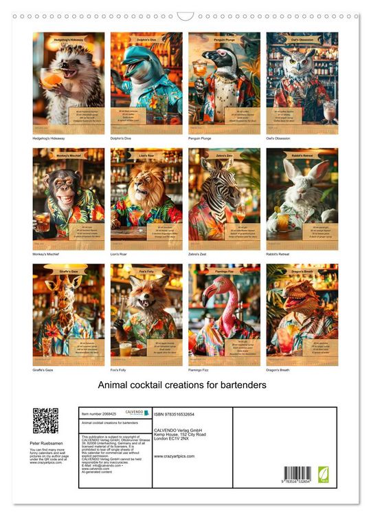 Produktbild: Animal cocktail creations for bartenders (Wall Calendar 2026 DIN A2 portrait), CALVENDO 12 Month Wall Calendar