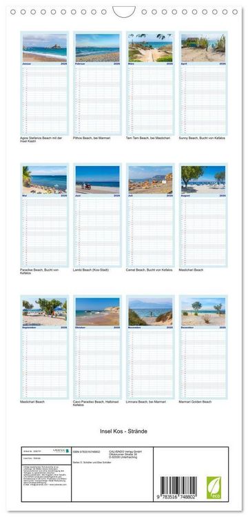 Produktbild: Familienplaner 2026 - Insel Kos - Str&auml;nde mit 5 Spalten (Wandkalender, 21 x 45 cm) CALVENDO