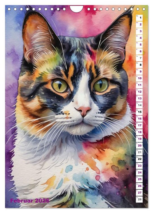 Produktbild: KATZENKALENDER - Aquarell Katzenportraits f&uuml;r Katzenliebhaber (Wandkalender 2026 DIN A4 hoch), CALVENDO Monatskalender