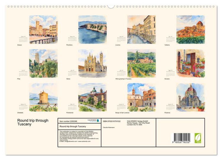 Produktbild: Round trip through Tuscany (High Quality Premium Wall Calendar 2027 DIN A2 landscape),CALVENDO 12 Month Wall Calendar