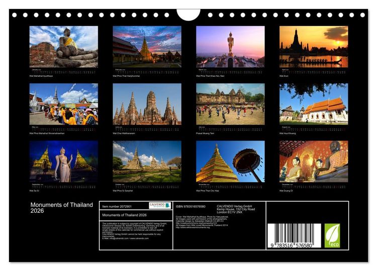 Produktbild: Monuments of Thailand 2026 (Wall Calendar 2026 DIN A4 landscape), CALVENDO 12 Month Wall Calendar