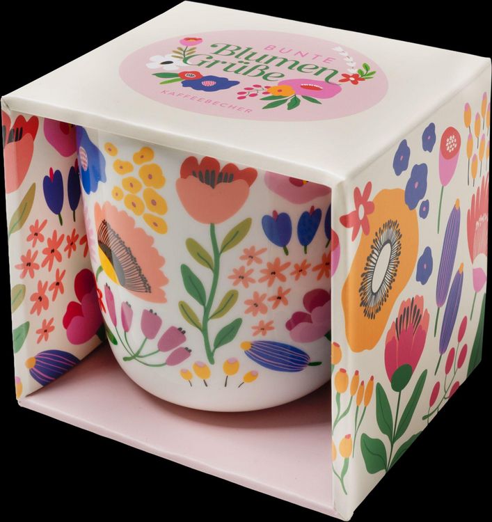 Produktbild: Bunte Blumengr&uuml;&szlig;e Kaffeebecher beige, 350 ml