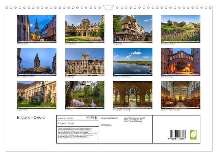 Produktbild: England - Oxford (Wandkalender 2026 DIN A3 quer), CALVENDO Monatskalender