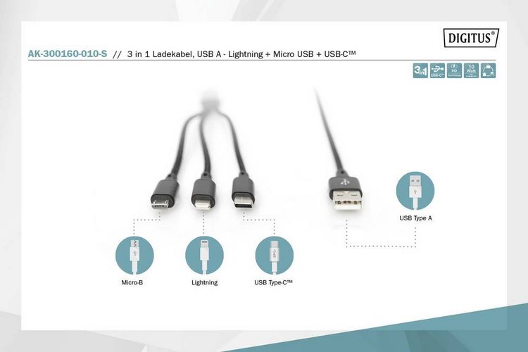 Produktbild: Digitus USB-Ladekabel Apple Lightning Stecker, USB-A Stecker, USB-C&reg; Stecker, USB-Micro-B Stecker 1.00 m Schwarz Extrem robuste Geflechtschirmung,
