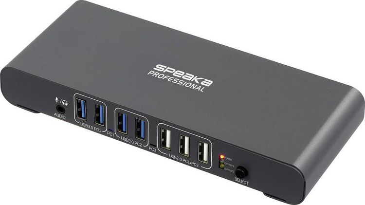 Produktbild: SpeaKa Professional SP-KVM-2P4K 2 Port KVM-Umschalter Grau (matt) HDMI&reg;, USB-A (USB 3.2 Gen 1), USB-A (USB 2.0), USB-C&reg; PD, RJ45