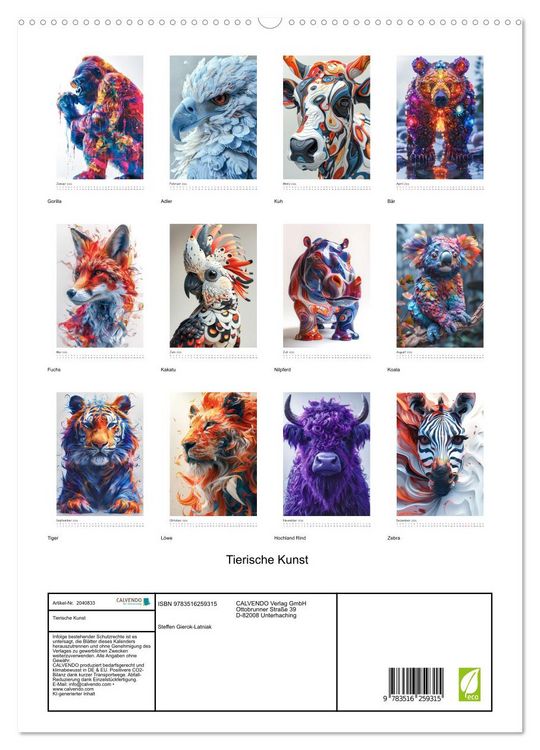 Produktbild: Tierische Kunst (hochwertiger Premium Wandkalender 2026 DIN A2 hoch), Kunstdruck in Hochglanz