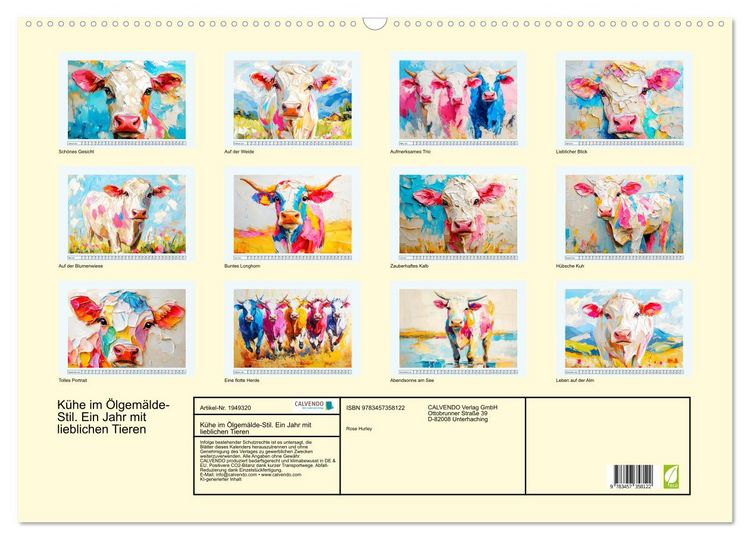 Produktbild: K&uuml;he im &Ouml;lgem&auml;lde-Stil. Ein Jahr mit lieblichen Tieren (Wandkalender 2026 DIN A2 quer), CALVENDO Monatskalender