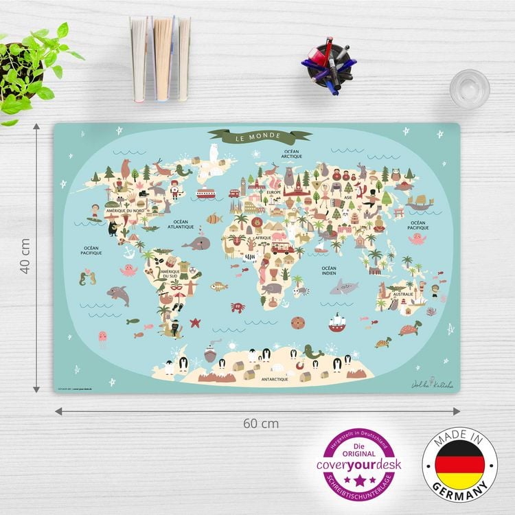 Produktbild: Cover-your-desk Schreibtischunterlage f&uuml;r Kinder Weltkarte in franz&ouml;sisch blau, aus hochwertigem Vinyl , 60 x 40 cm