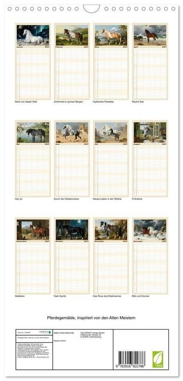 Produktbild: Familienplaner 2027 - Pferdegem&auml;lde, inspiriert von den Alten Meistern mit 5 Spalten (Wandkalender, 21 x 45 cm) CALVENDO