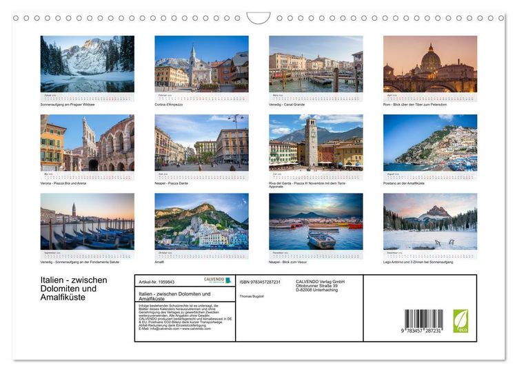 Produktbild: Italien - zwischen Dolomiten und Amalfik&uuml;ste (Wandkalender 2026 DIN A3 quer), CALVENDO Monatskalender