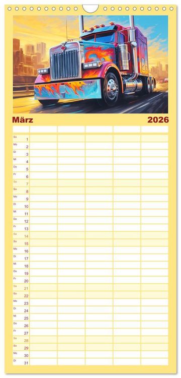 Produktbild: Familienplaner 2026 - Langhauber Paintings. Trucks in lebendigen Farben mit 5 Spalten (Wandkalender, 21 x 45 cm) CALVENDO