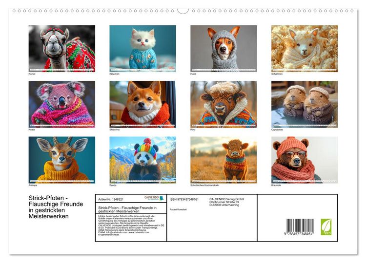 Produktbild: Strick-Pfoten - Flauschige Freunde in gestrickten Meisterwerken (hochwertiger Premium Wandkalender 2026 DIN A2 quer), Kunstdruck in Hochglanz