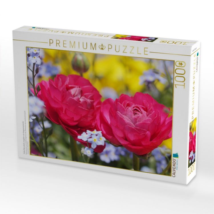 Produktbild: CALVENDO Puzzle Pinke Ranunkeln umgeben von Vergissmeinnicht | 1000 Teile Lege-Gr&ouml;&szlig;e 64x48cm Foto-Puzzle f&uuml;r gl&uuml;ckliche Stunden
