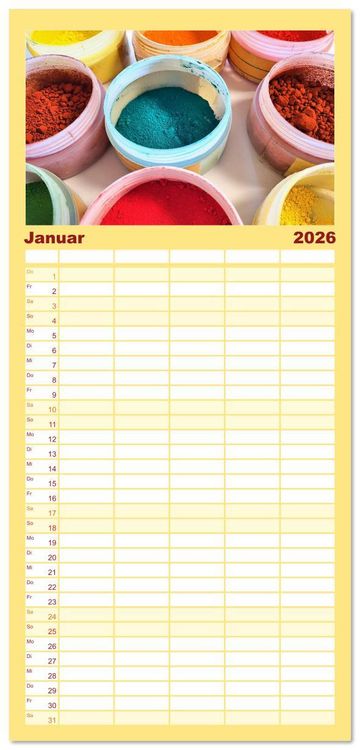 Produktbild: Familienplaner 2026 - Atelierimpressionen - Des K&uuml;nstlers Handwerkzeug im Portrait mit 5 Spalten (Wandkalender, 21 x 45 cm) CALVENDO
