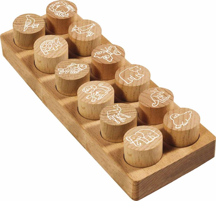 Produktbild: COLOP Woodies Holzstempel Set Exotische Tiere, mit 12 Motiven, Abdruckgr&ouml;&szlig;e: &Oslash; 29 mm, eckig