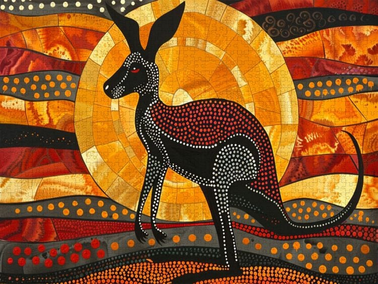Produktbild: CALVENDO Puzzle K&auml;nguru im Sonnenuntergang - im Stil der Kunst der Aborigines | 1000 Teile Lege-Gr&ouml;&szlig;e 64x48cm Foto-Puzzle f&uuml;r gl&uuml;ckliche Stunden