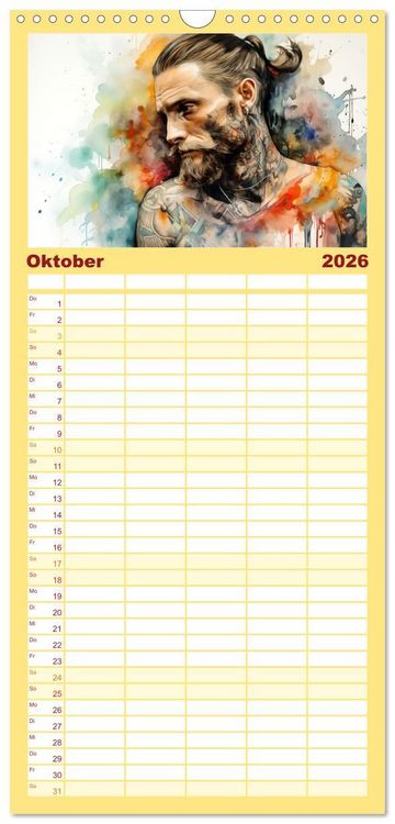 Produktbild: Familienplaner 2026 - Tattoo trifft Kunst mit 5 Spalten (Wandkalender, 21 x 45 cm) CALVENDO