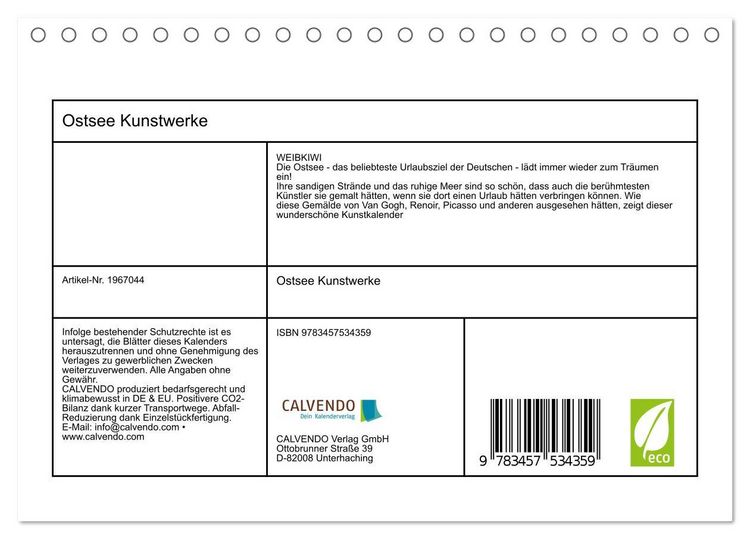 Produktbild: Ostsee Kunstwerke (Tischkalender 2026 DIN A5 quer), CALVENDO Monatskalender