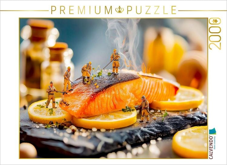 Produktbild: CALVENDO Puzzle Miniatur Bauarbeiterin dekoriert gegrillten Lachs mit frischen Zitronenscheiben | 2000 Teile Lege-Gr&ouml;&szlig;e 90x67cm Foto-Puzzle f&uuml;r gl&uuml;ckl