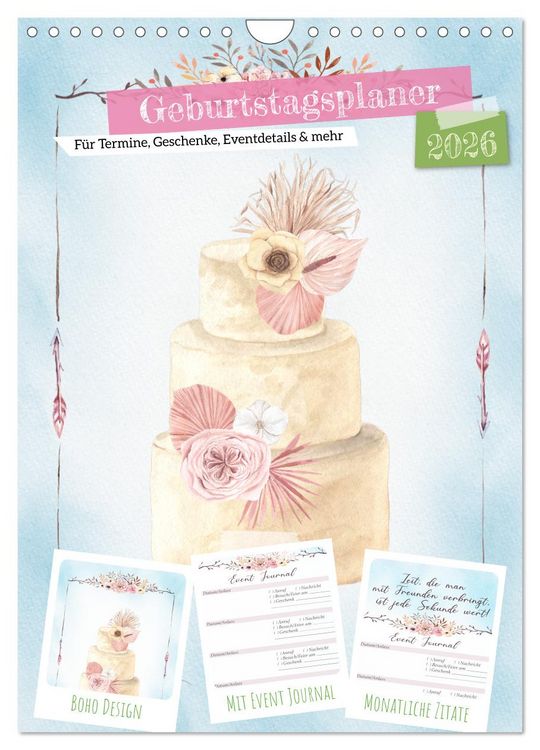 Produktbild: Geburtstagsplaner Boho Blau - F&uuml;r Termine, Geschenke, Eventdetails & mehr (Wandkalender 2026 DIN A4 hoch), CALVENDO Monatskalender