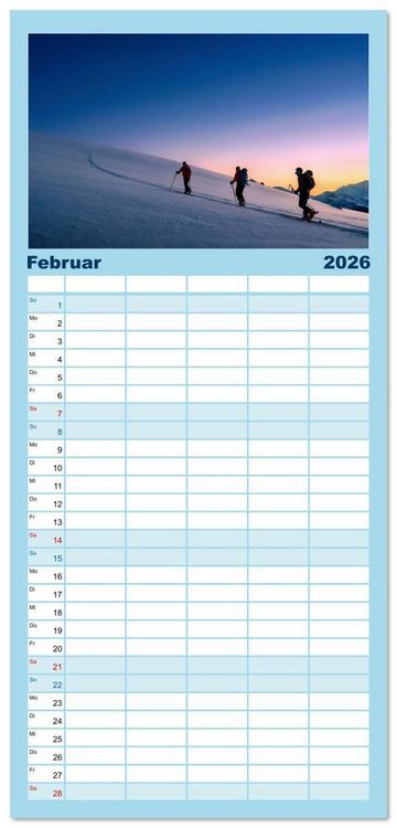 Produktbild: Familienplaner 2026 - Skimountaineering - Erobere die Berge im Winter mit 5 Spalten (Wandkalender, 21 x 45 cm) CALVENDO