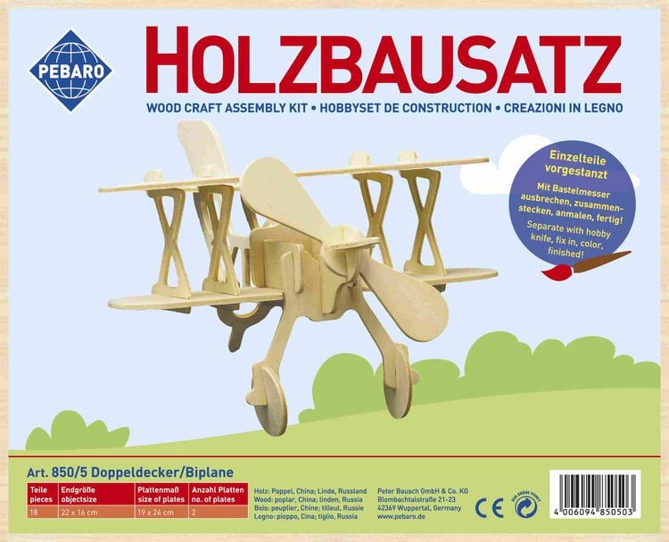 Produktbild: PEBARO 850/5 - Holzbausatz Doppeldecker, 18 Teile, Holzkonstruktion zum Zusammenstecken