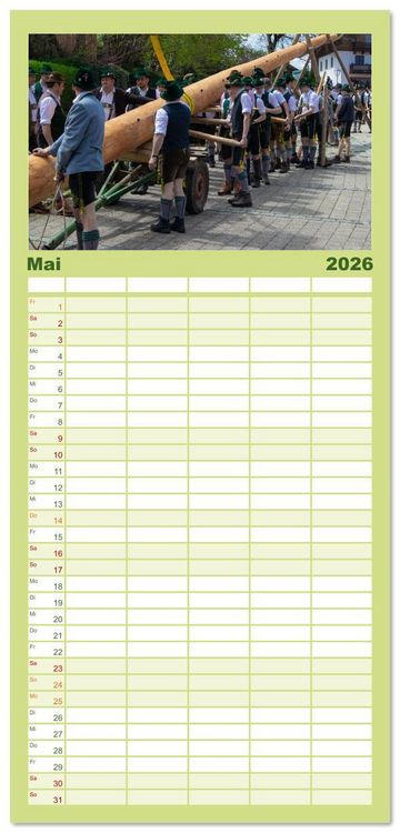 Produktbild: Familienplaner 2026 - Maibaum aufstellen mit 5 Spalten (Wandkalender, 21 x 45 cm) CALVENDO