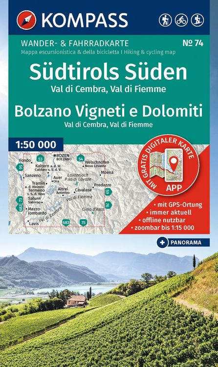 Produktbild: KOMPASS Wanderkarte 74 S&uuml;dtirols S&uuml;den / Bolzano Vigneti e Dolomiti, Val di Cembra, Val di Fiemme 1:50.000