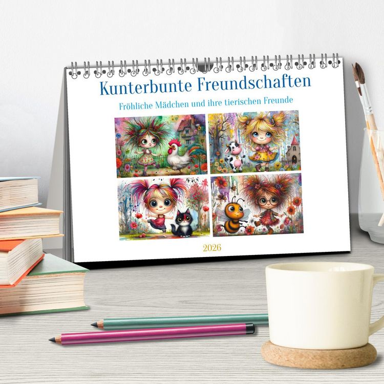 Produktbild: Kunterbunte Freundschaften - Fr&ouml;hliche M&auml;dchen und ihre tierischen Freunde (Tischkalender 2026 DIN A5 quer), CALVENDO Monatskalender